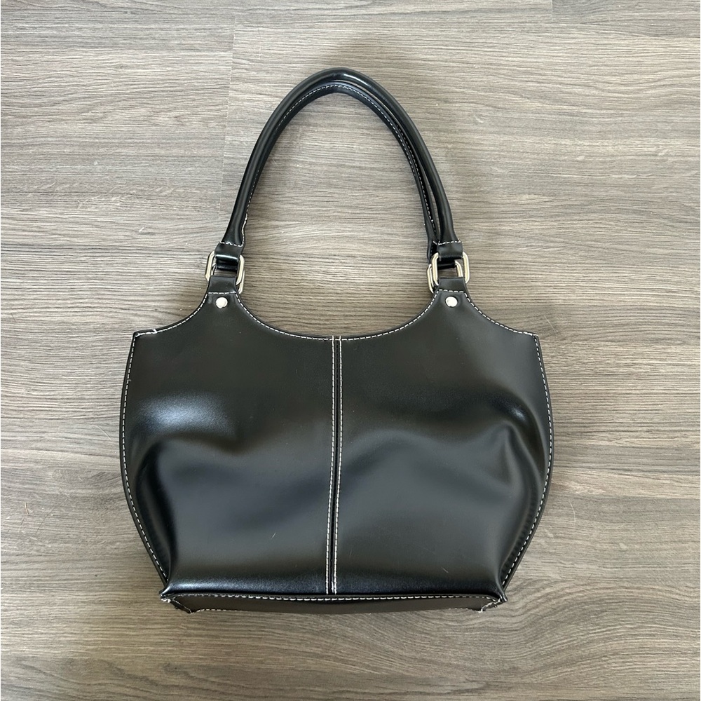 Vintage 90s Wilsons Leather Small/Medium Shoulder Bag Black with White Stitching
